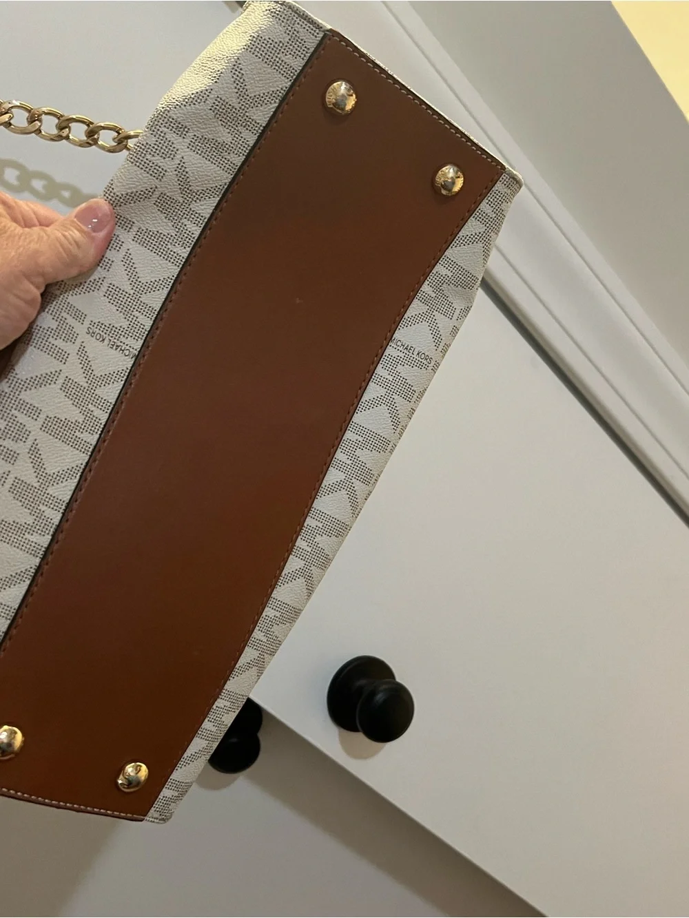 Michael Kors Cream MK Signature Satchel with Brown Trim and Gold Hardware